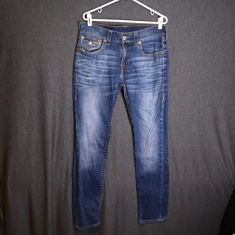 True Religion Men's 33 (33x30) Skinny Denim Distressed Jeans Faded Wash Western